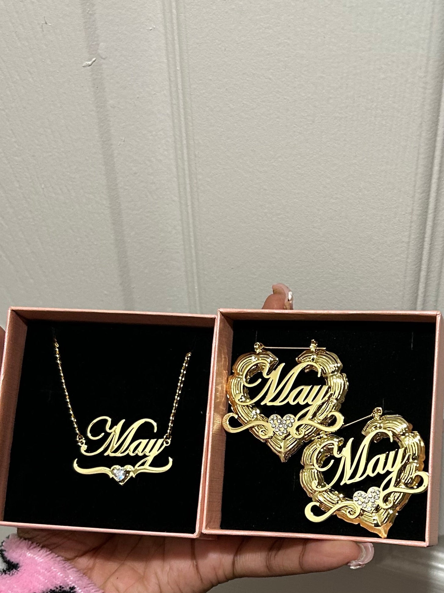 18K Gold hoops and chain set with cz hearts
