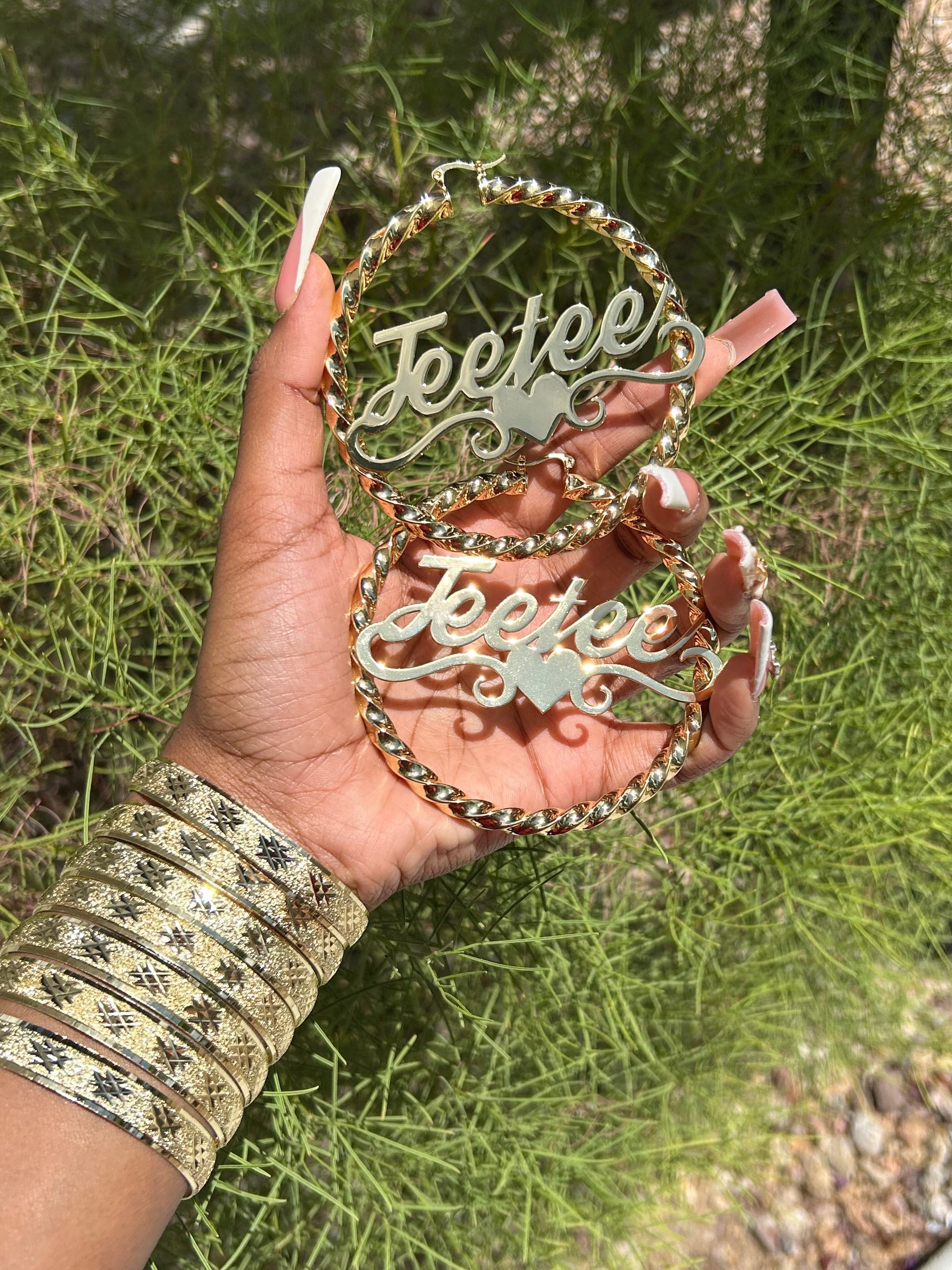 18K Gold Custom Name Rope Twist Hoops With Closed Heart