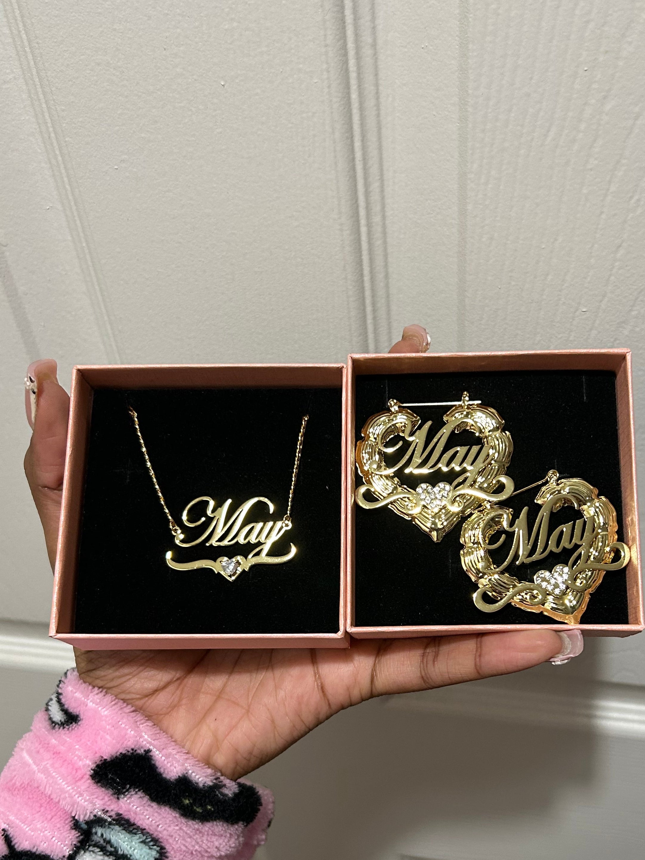 18K Gold hoops and chain set with cz hearts