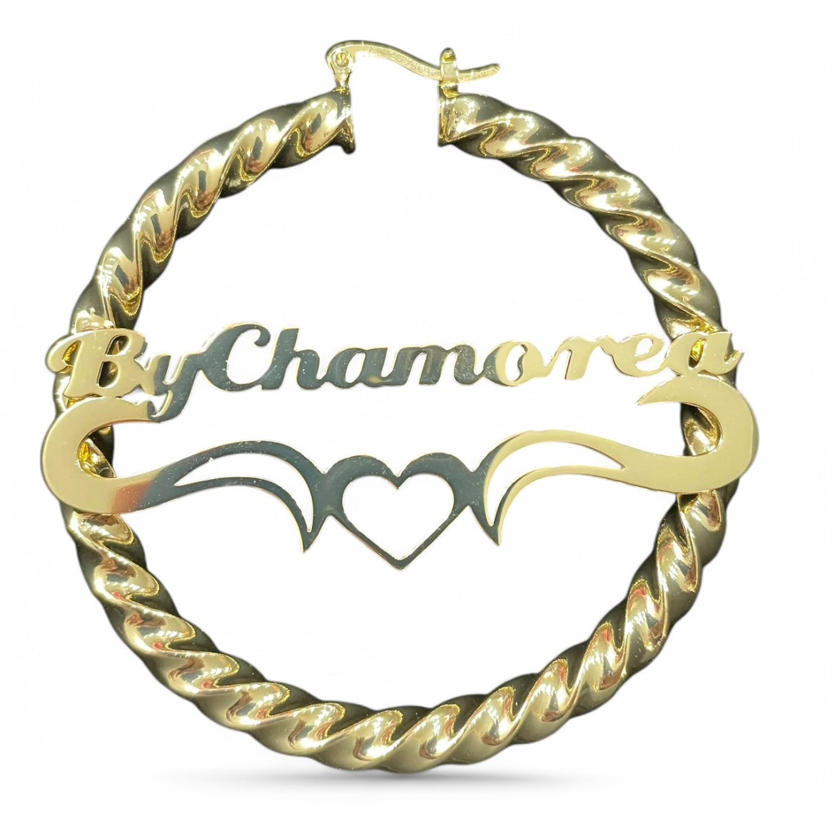 Custom name Gold rope twist hoops with winged heart
