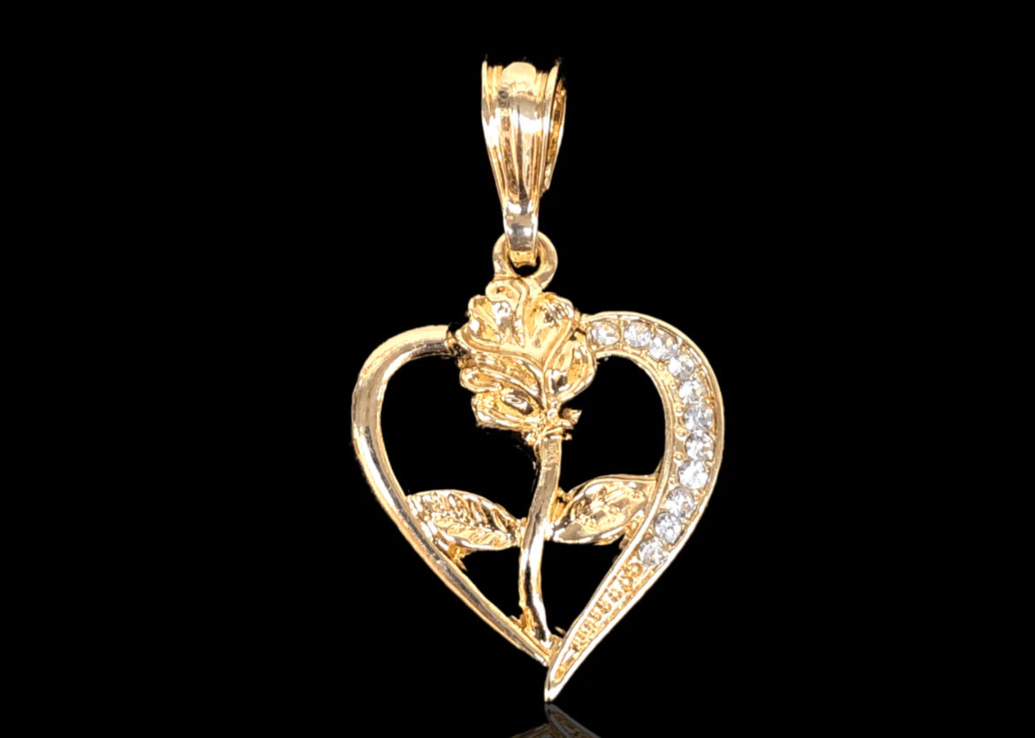 18K Gold Rose Heart Pendant