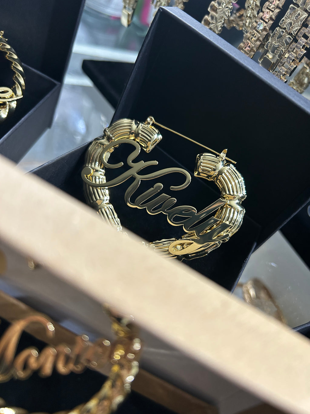 Gold Heart Bamboo Custom Name Hoops