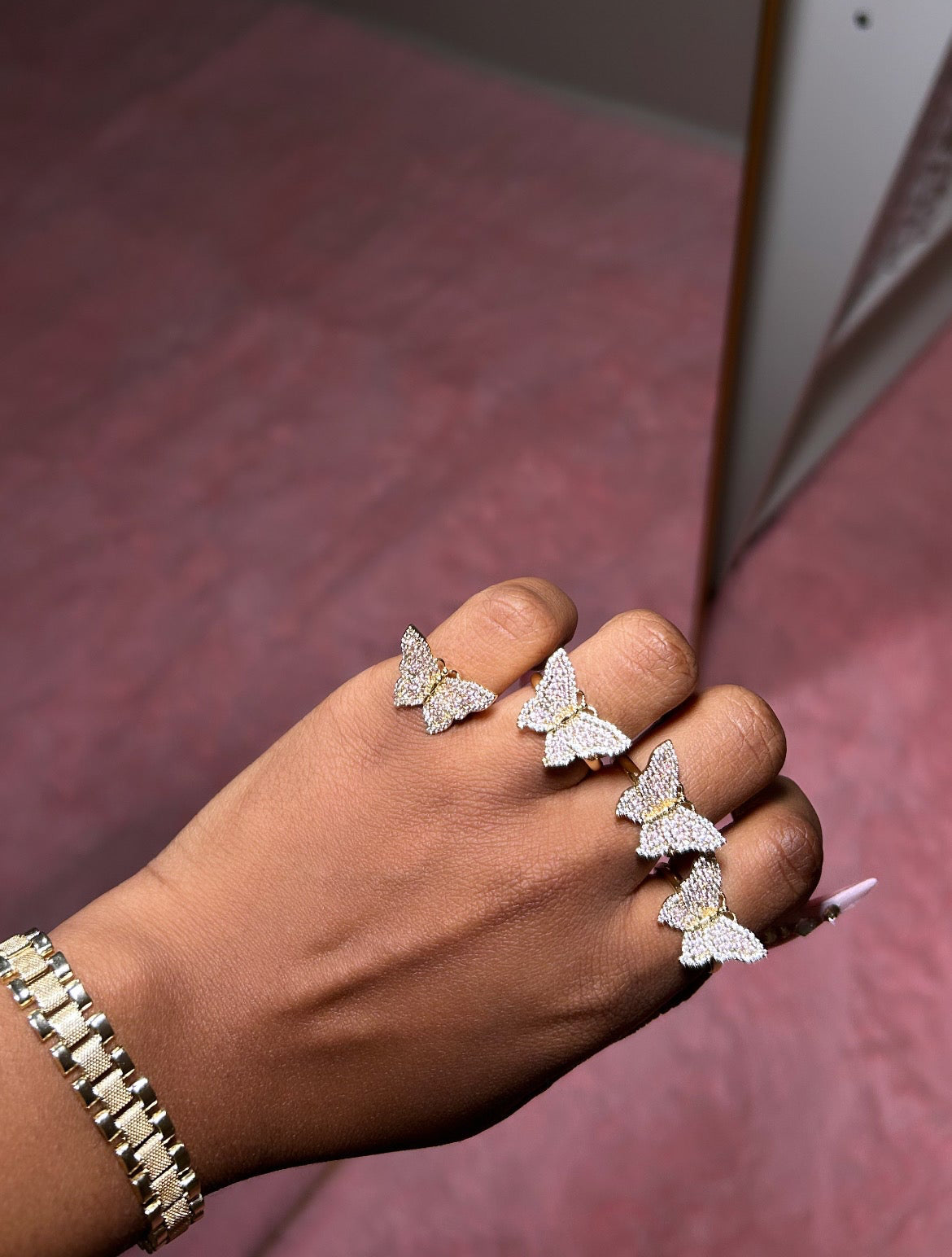 Pink CZ Thin Butterfly Ring