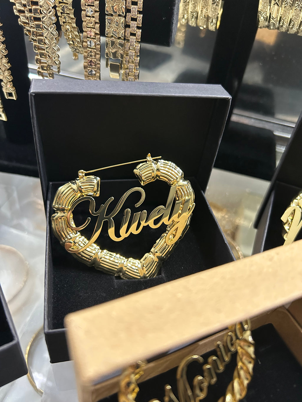Gold Heart Bamboo Custom Name Hoops