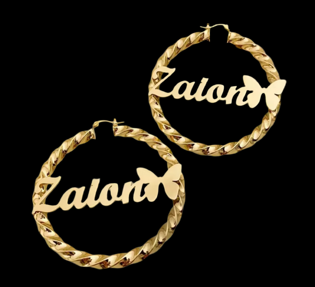 Gold Custom Name Hoops With Butterfly