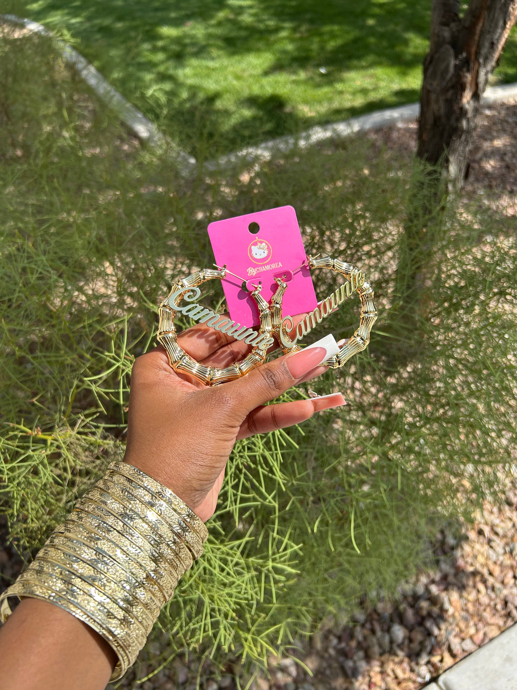 Custom name gold bamboo hoops