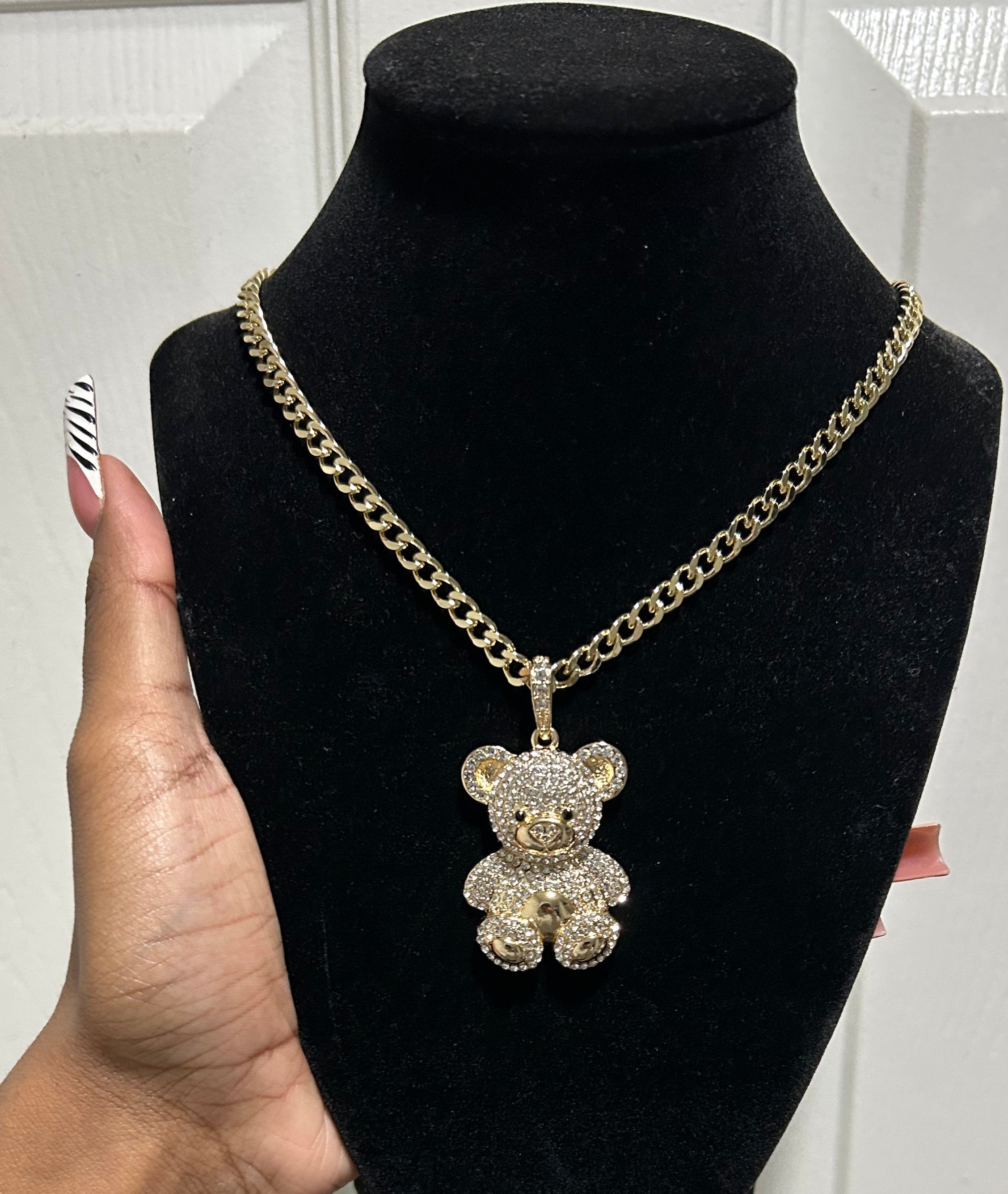 Large cz bear pendant & chain
