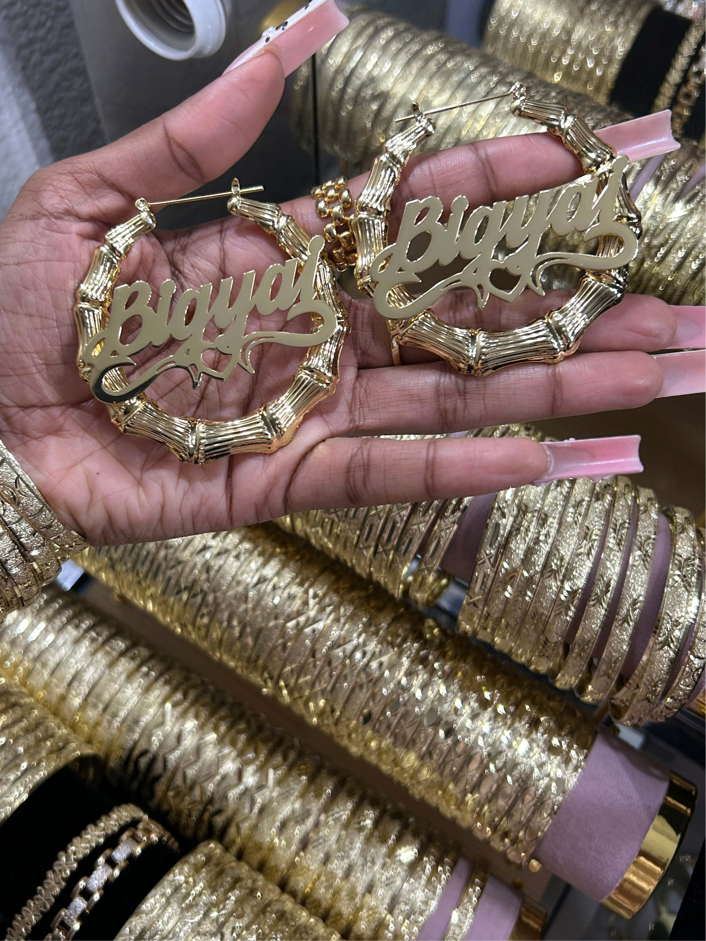 Custom Name Bamboo Hoops With Winged Heart